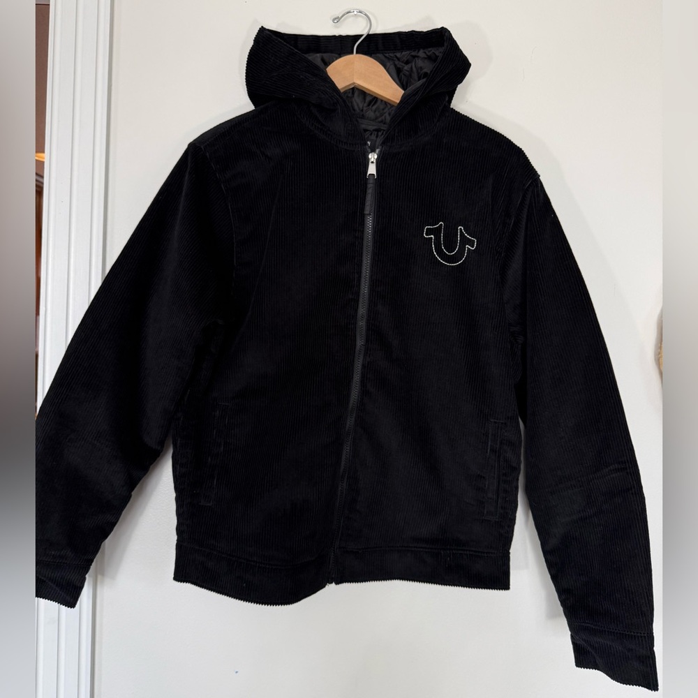 NWT True Religion Hooded Vintage Corduroy Jet Black Jacket Zip Mens Size Small